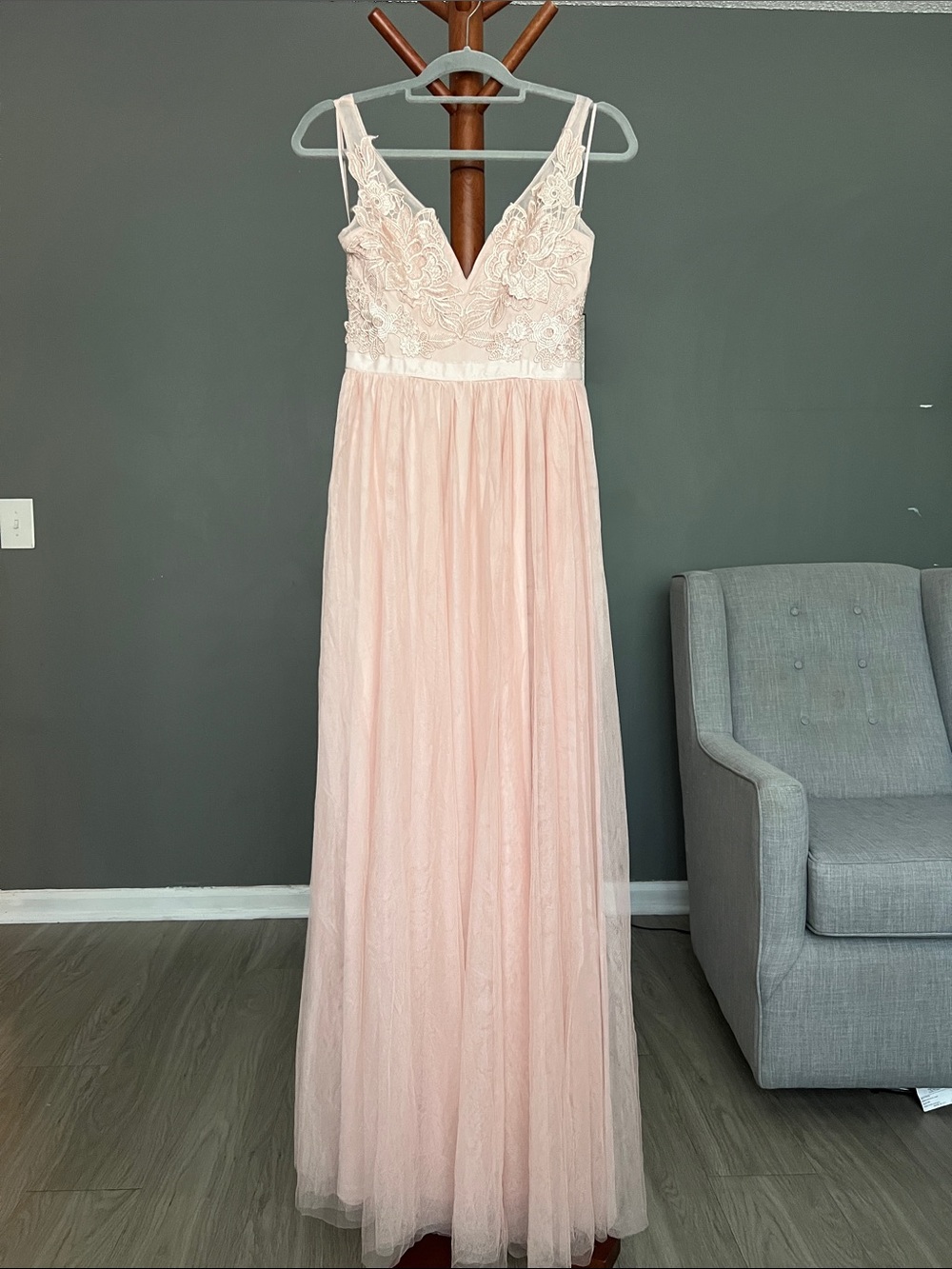 Blush Lace V-Neck Maxi Dress with Tulle Skirt